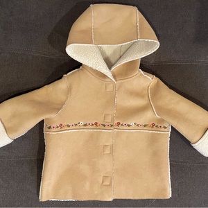 Gymboree Girls Suede & Shearling Hooded Coat w/Embroidered Flowers Size 12-18M